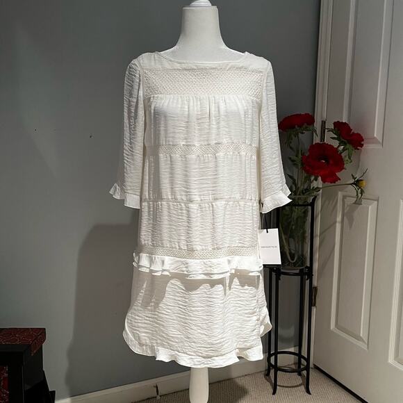 NEW WhoWhatWear Ruffle + Lace Gauzy Mixed Media 3/4 Sleeve Boho Dress White NWT - Picture 1 of 16
